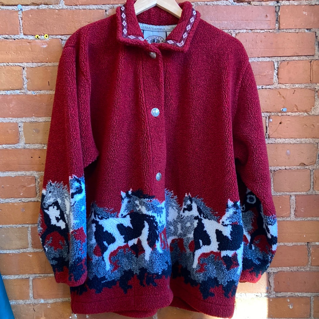 Red Horse Print Fleece Button Up