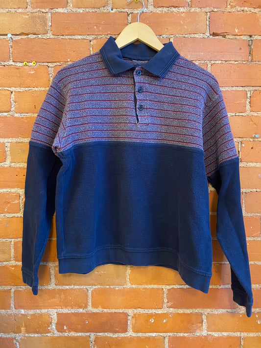 Striped Navy Cotton Sweater With Collar and Buttons
