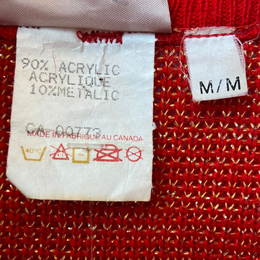 1990s Felicia Gold and Red Holiday Cardigan