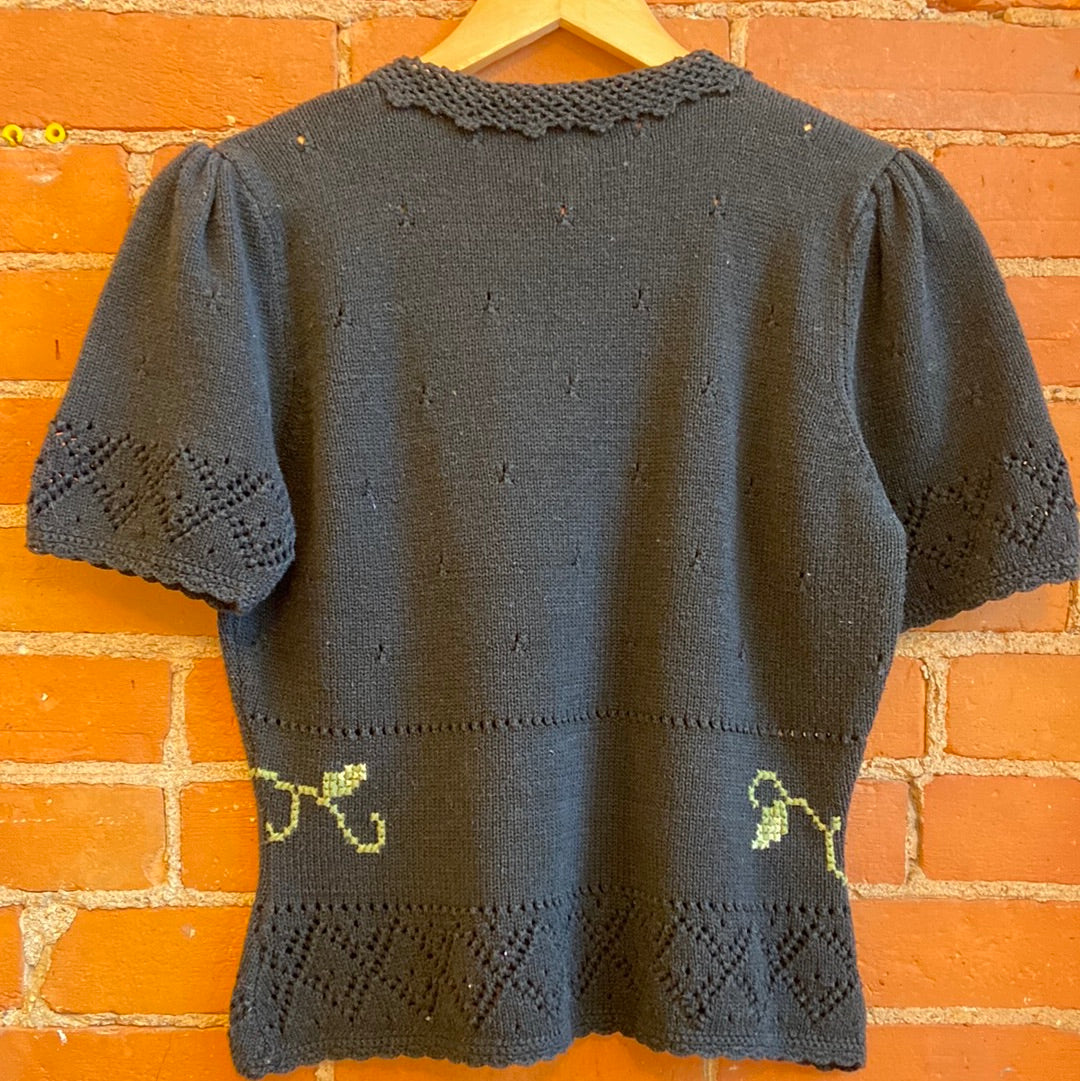Black Embroidered Short Sleeve Sweater