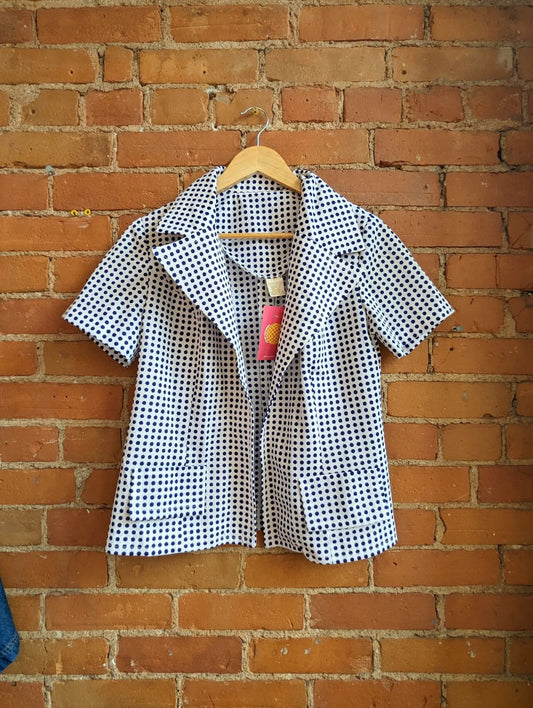 1970s Lou La-Belle Navy and White Polka Dot Short Sleeve Jacket