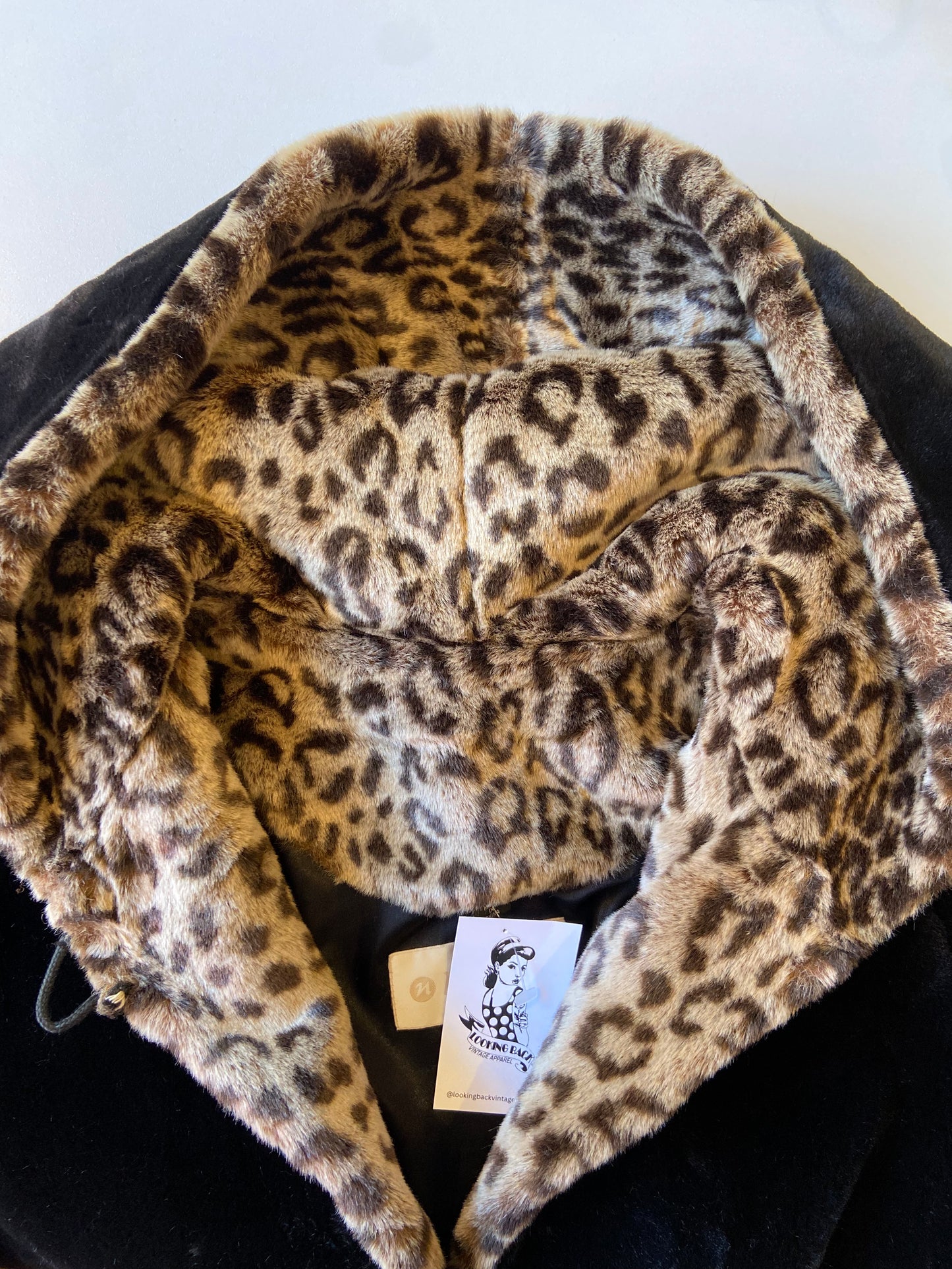 Black Hooded Faux Fur Coat With Leopard Print