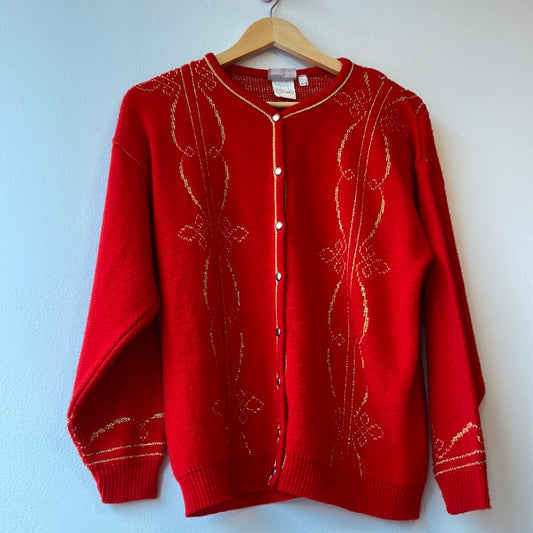 1990s Felicia Gold and Red Holiday Cardigan