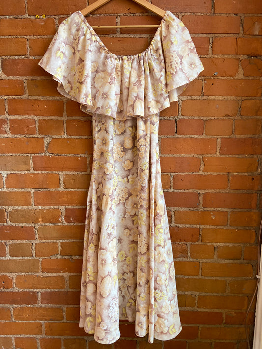 70’s Floral Print Off The Shoulder Maxi Dress