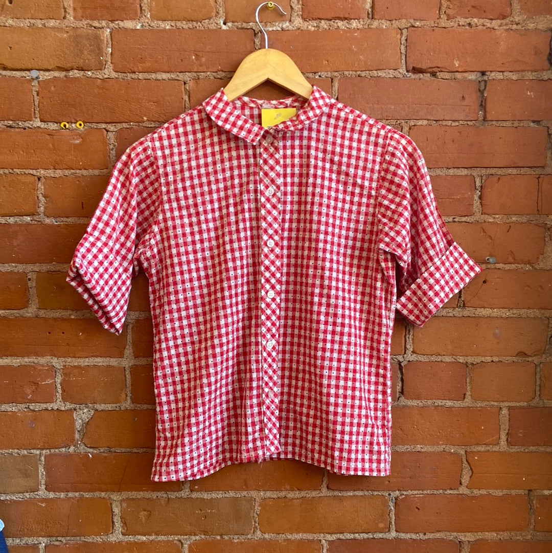 1960s Red Gingham Polka Dot Button-Up Shirt