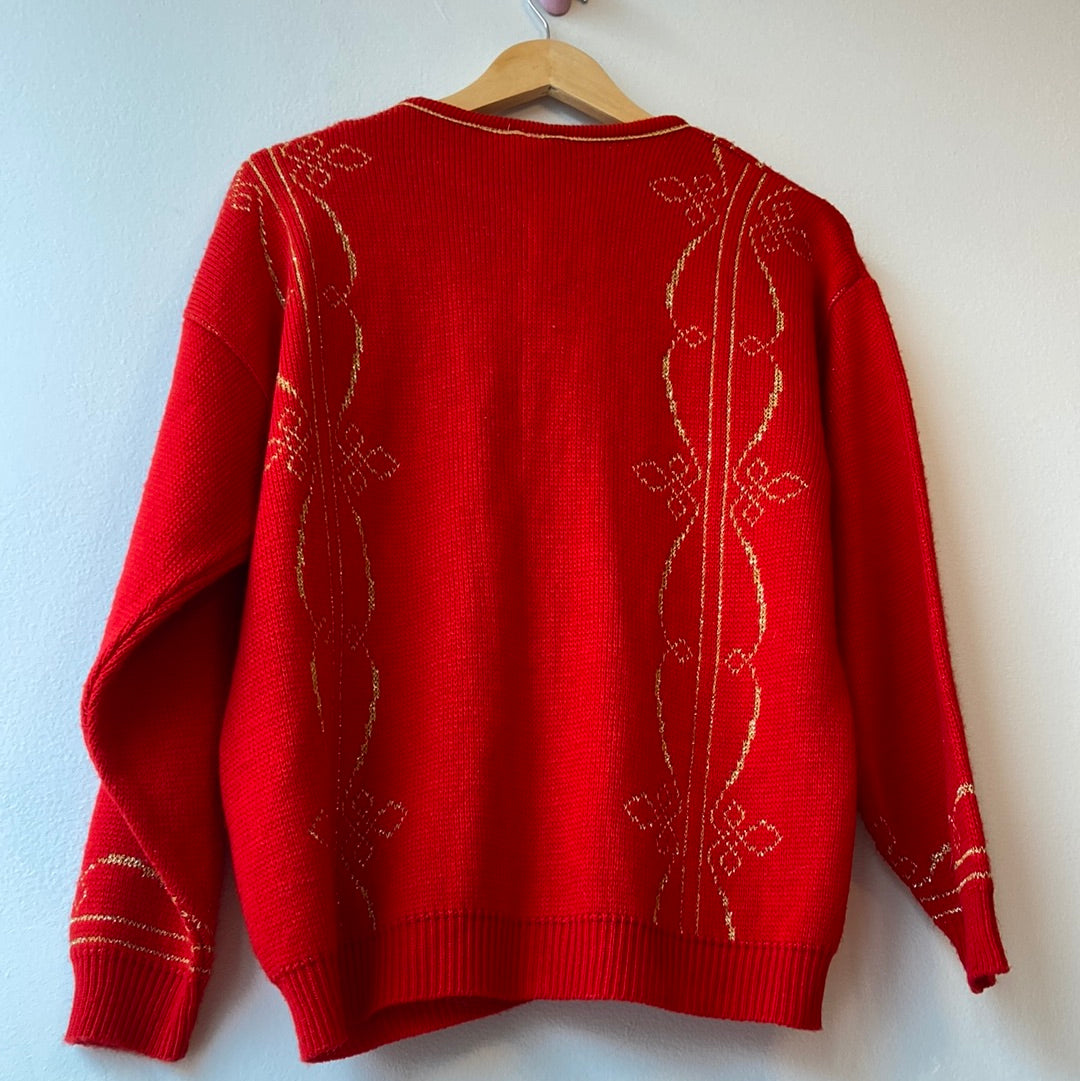 1990s Felicia Gold and Red Holiday Cardigan