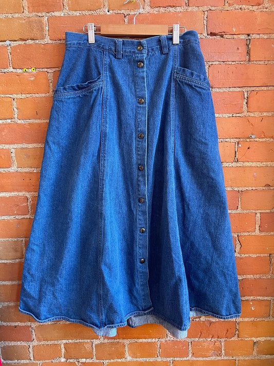 90’s Long  Denim Skirt with Domes Up the Front