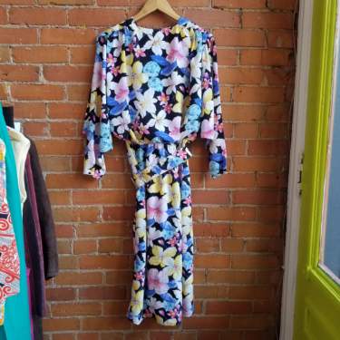 1980s Attache Black and Brightly Coloured Floral Dress With Matching Belt
