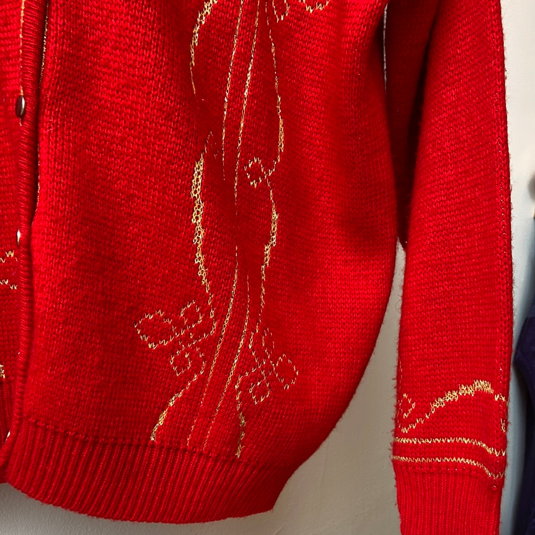 1990s Felicia Gold and Red Holiday Cardigan