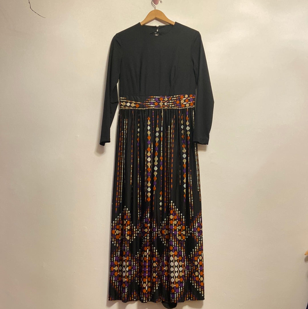 Black 70s Long Sleeved Dress With Geometric Skirt *