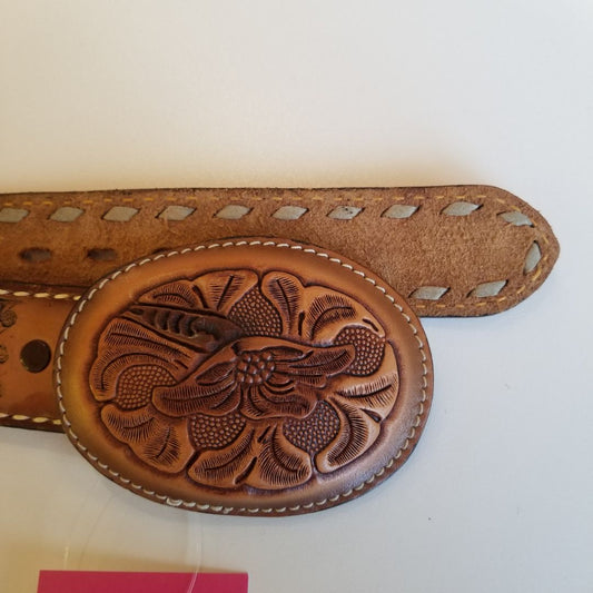 1970s Wild Rose Hand Tooled Brown Leather Belt