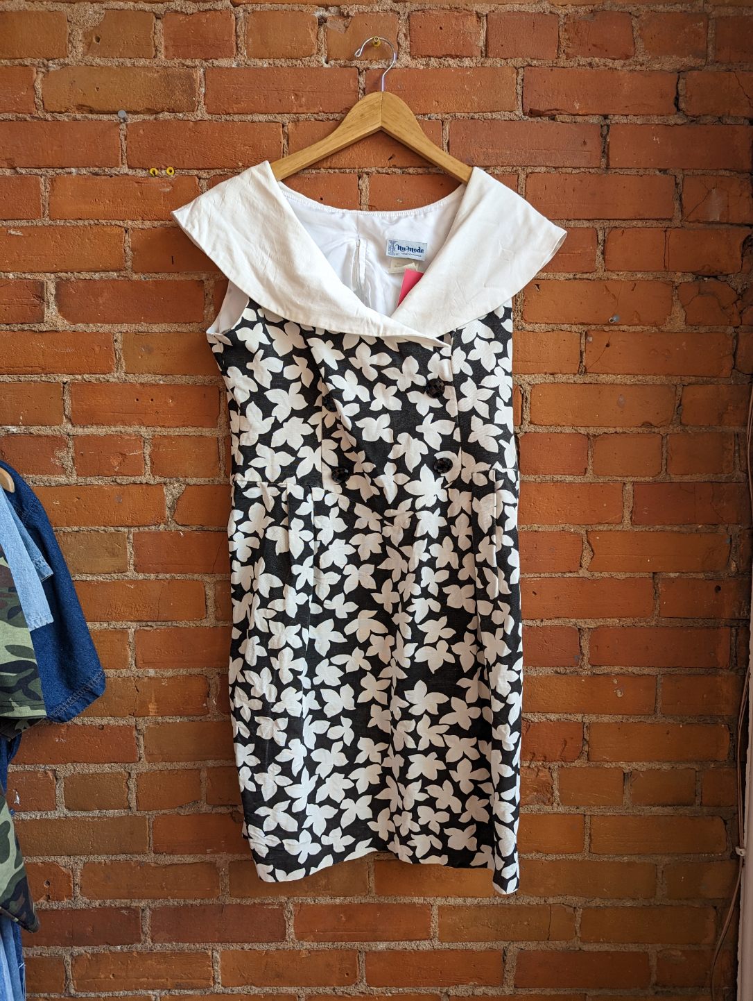1980s Nu-Mode Black and White Floral Dress