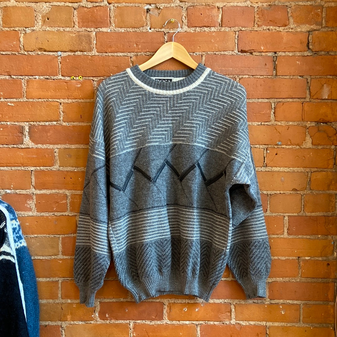 1990s Grey BOSA Grandpa Sweater With Leather Strips