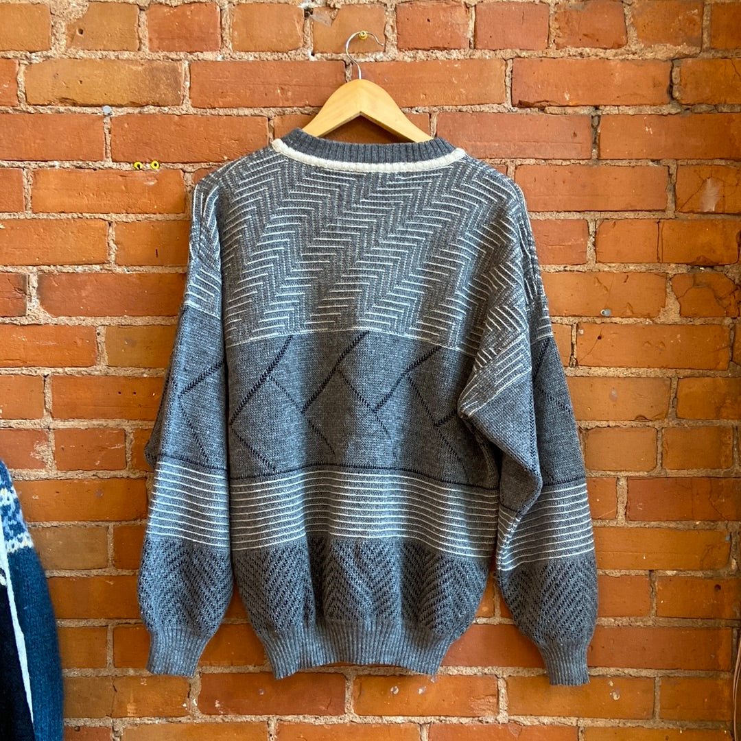 1990s Grey BOSA Grandpa Sweater With Leather Strips